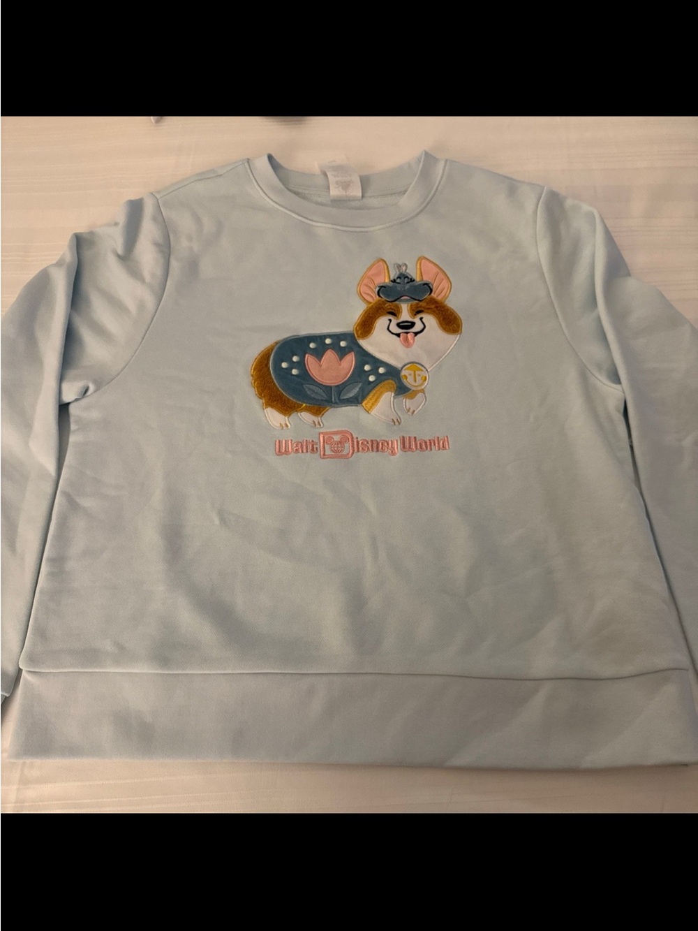 Disney Light Blue Crewneck Sweatshirt with Corgi Embroidery